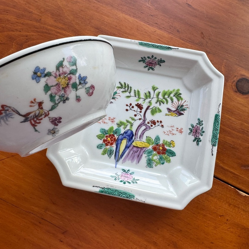 Vintage Asian Design Porcelain Plate & Bowl Bundled